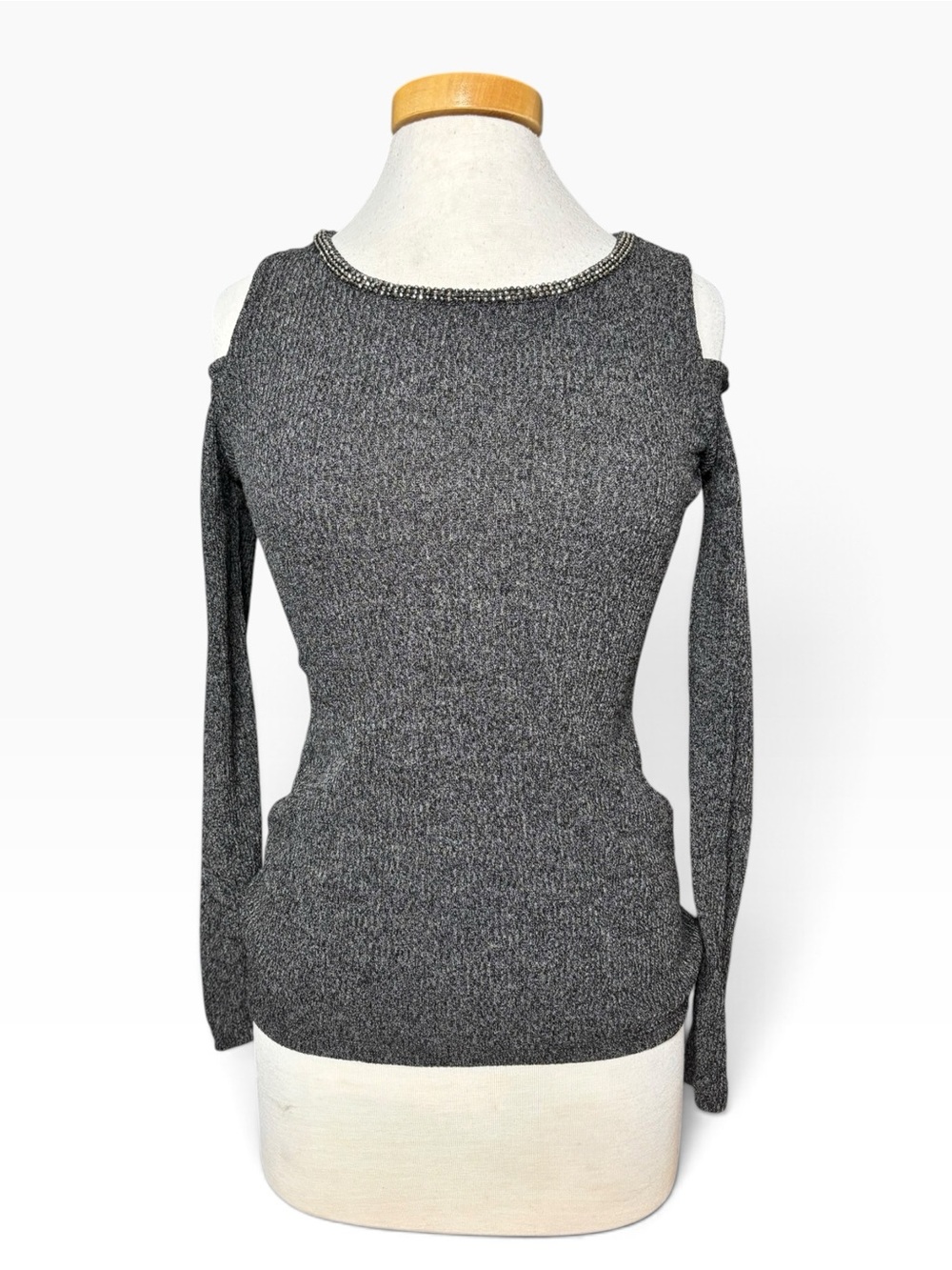 Juicy Couture Charcoal Gray Ribbed Cold Shoulder Rhinestone Neckline Top Small - Picture 2 of 7